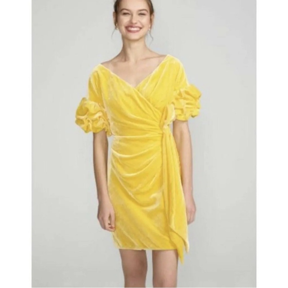 Fame And Partners X Free People Yellow Velvet Puff Sleeve Faux Wrap Dress ⚜️